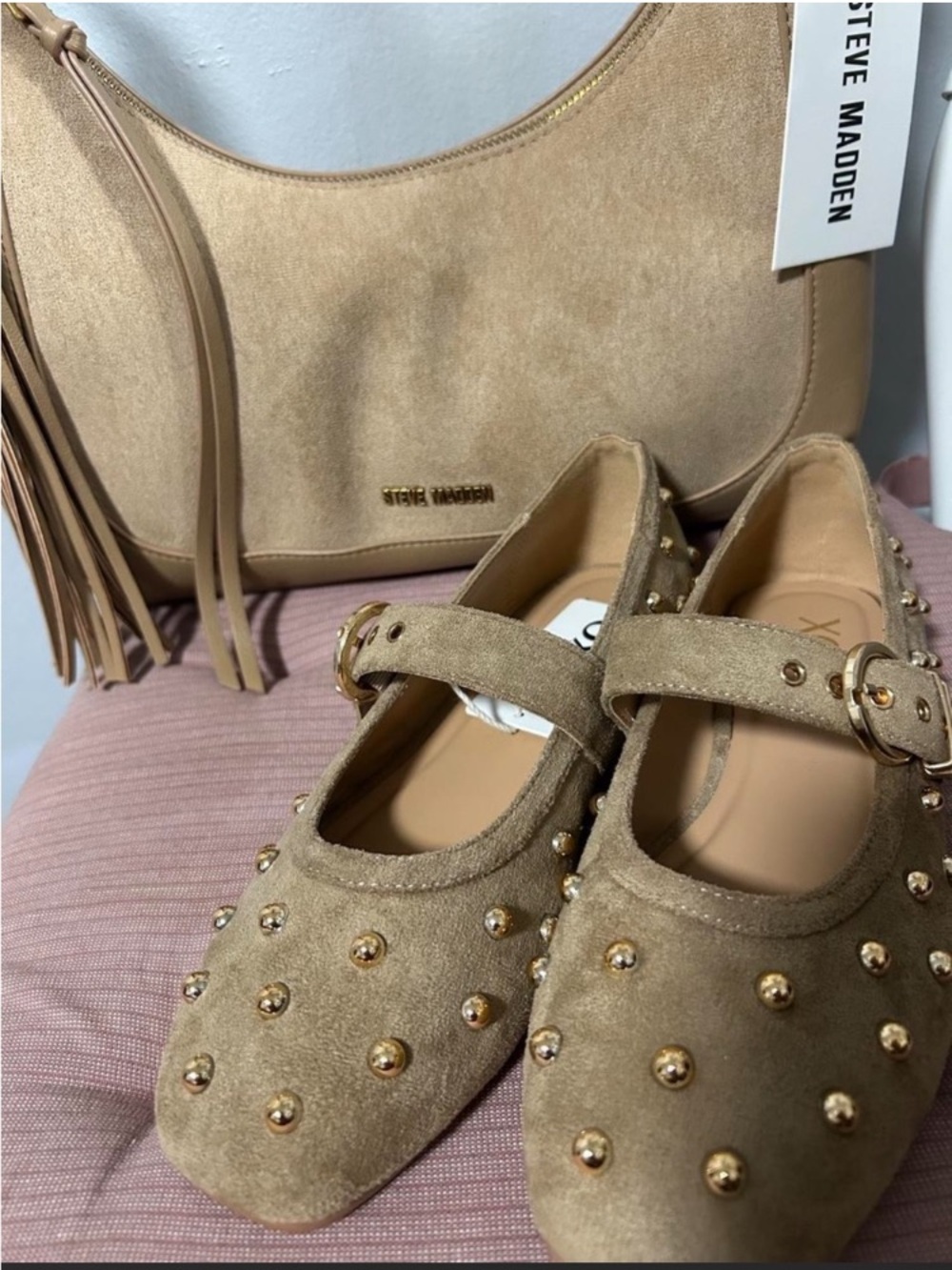 Steve Madden Taupe Studded Suede Mary Jane Flats